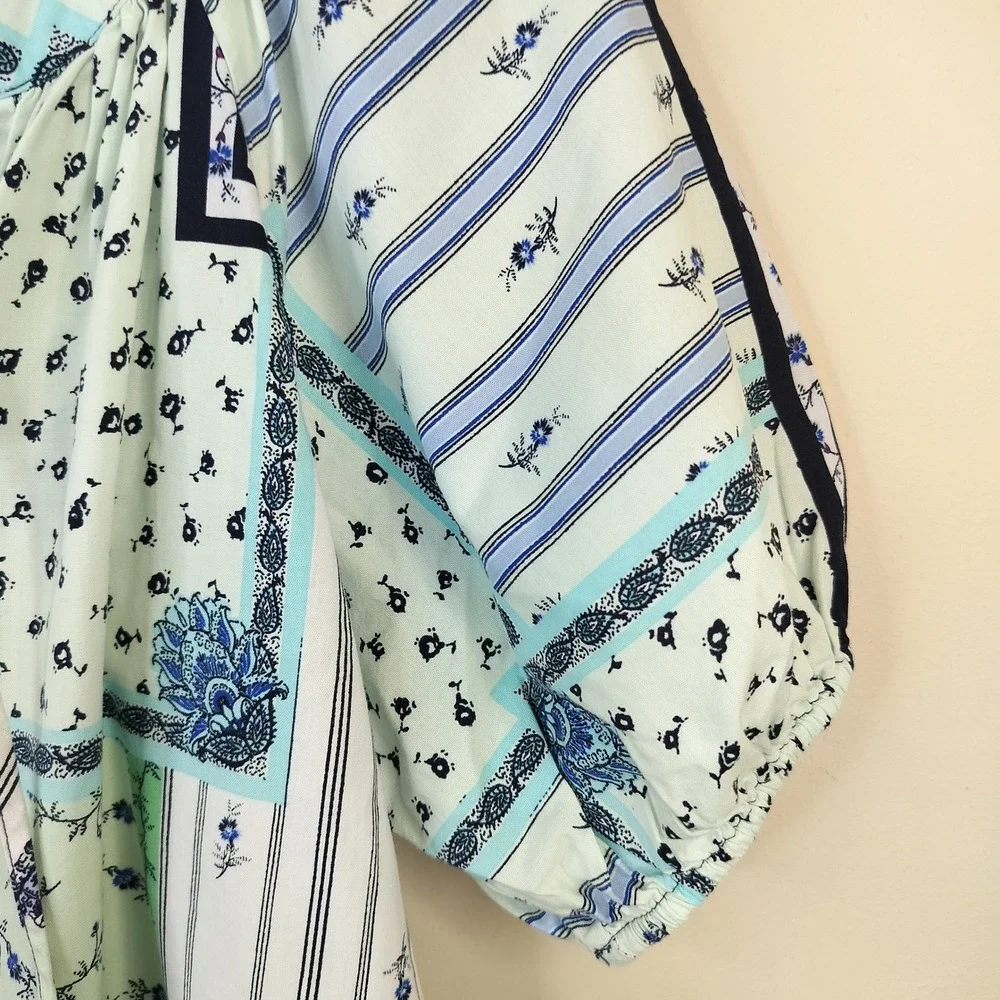 LOFT Patchwork Floral Blouse Womens XS Short Puff Sleeve Cottage Boho Blue